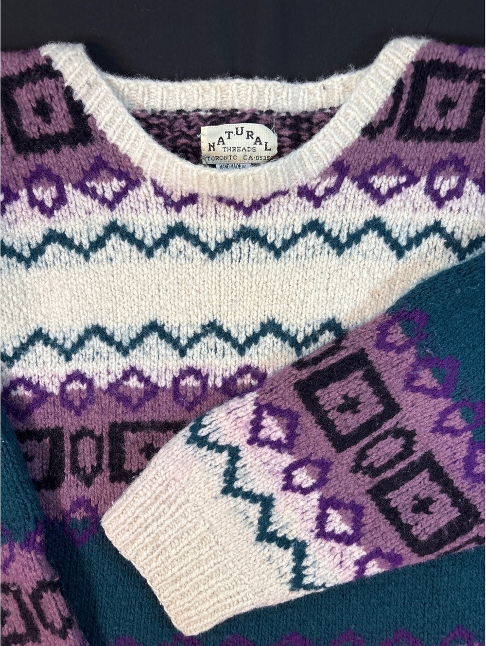 Vintage 90s Natural Threads 100% Wool Sweater Handmade Ecuador Geometric